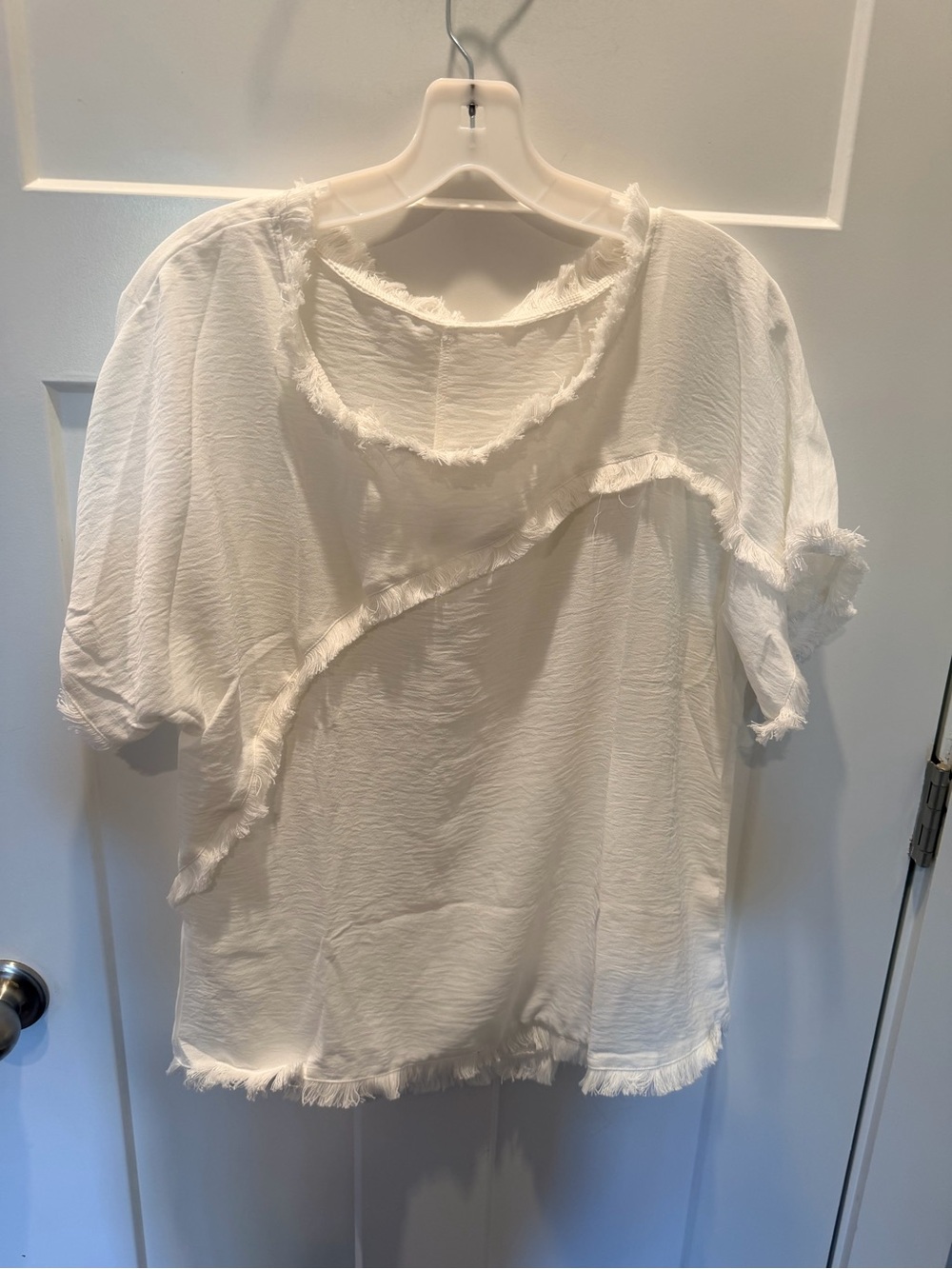 White Textured Asymmetrical Fringe Trim Blouse Size L